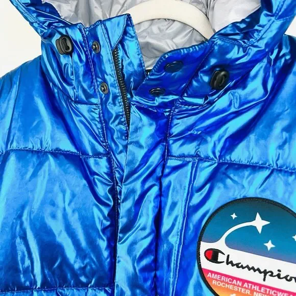 NWT Amazing CHAMPION x NASA Metallic Blue Puffer Space Jacket Puffer Coat Large - Picture 10 of 15